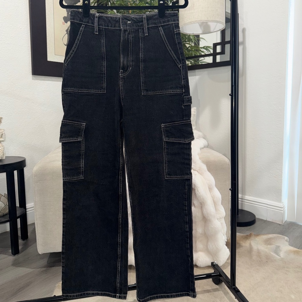 Hollister SOCIAL TOURIST High Waist Cargo Jeans, Wide Leg, 28, Black, Y2K